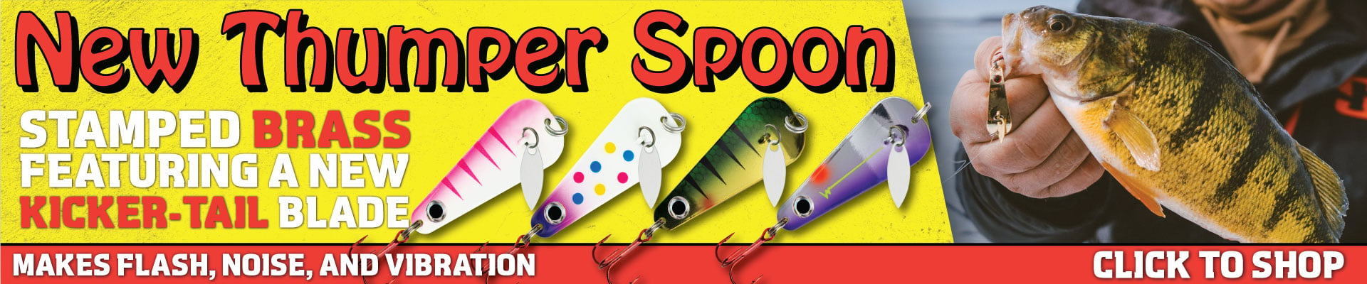 Spoon, new for this year's ice fishing season, with a brass kicker-tail blade.