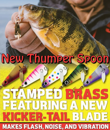 Northland Fishing Tackle Thumper Spoon, new for this year's ice fishing season, with a brass kicker-tail blade.